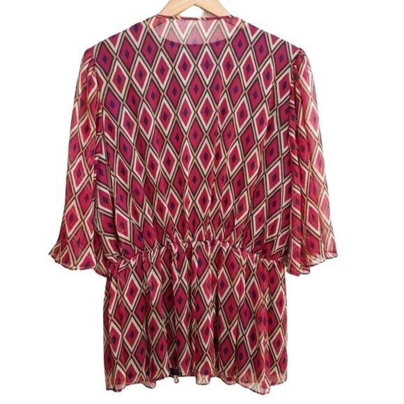 Badgley Mischka Mod Ikat Sheer Kimono Sleeve Beaded V-neck Cinched Top Red Sz L - Picture 4 of 16